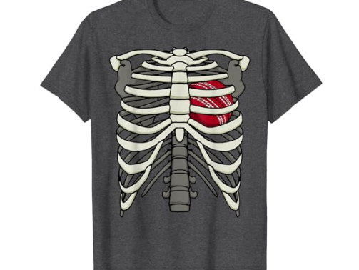 Ribcage Halloween Cricket Player Bowler Skeleton Ball Heart T-Shirt